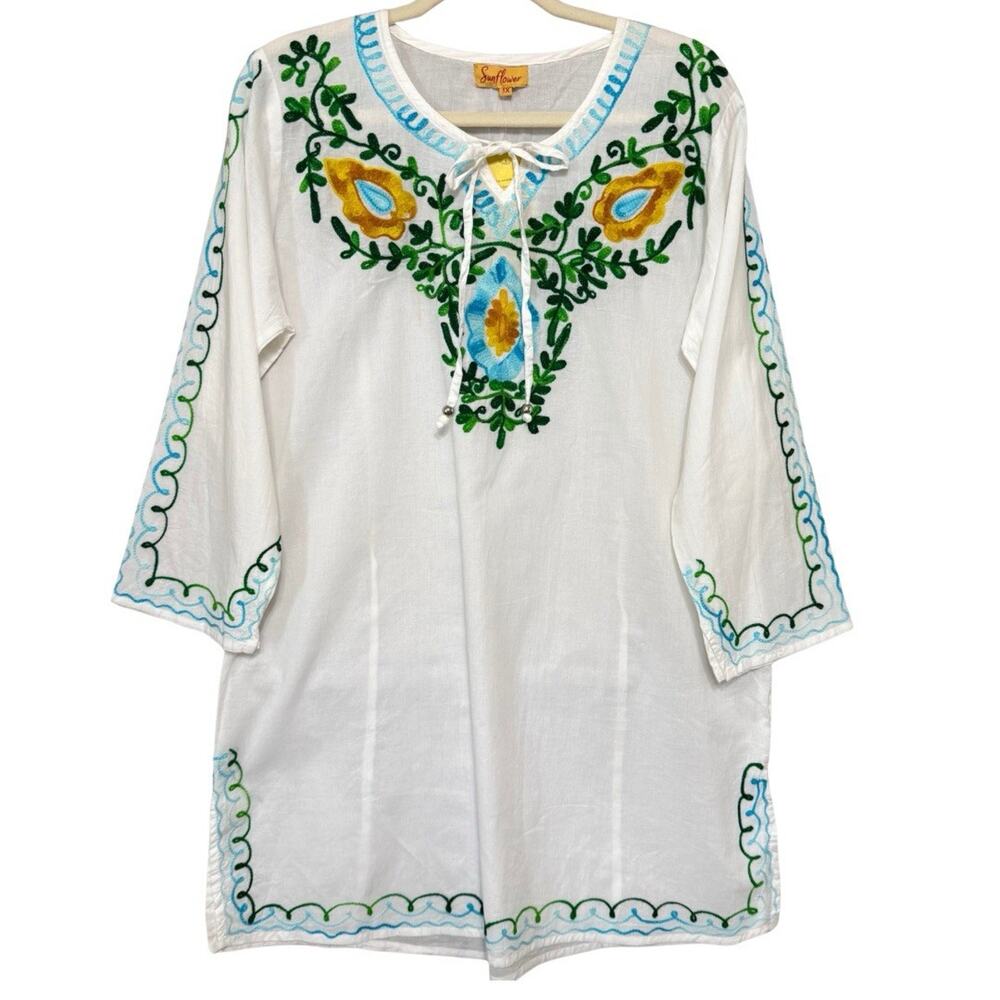 Sunflower Brand Embroidered Cotton KURTA Size 1X White Cover Up Tunic NWT